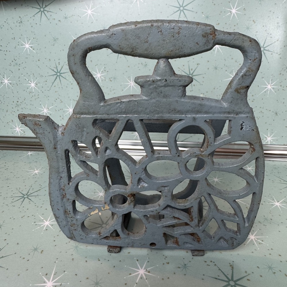 Vintage Blue Cast Iron Teapot Shaped Floral Trivet Rustic Farmhouse CottageCore